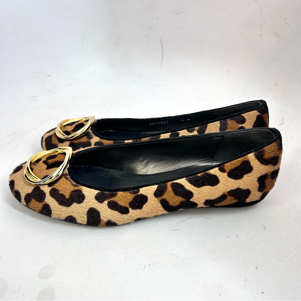 Stuart Weitzman Leopard Print Calf Hair Ballet Flats Size 9 Gold Buckle Accent - Picture 4 of 10